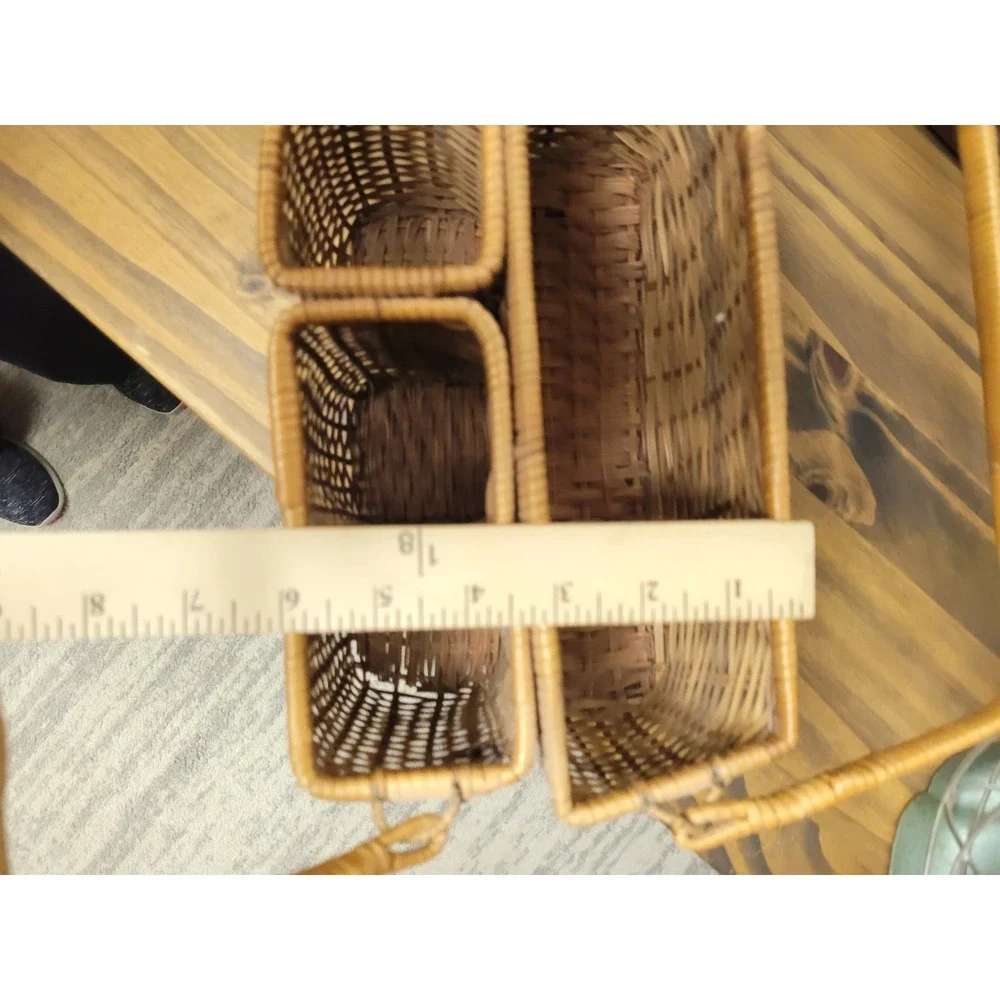 Woven Wicker Utensil Caddy Rattan‎ Desk Organizer with Handle Brown 4-Section